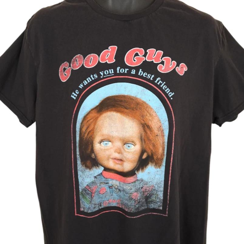 Футболка Chucky Childs Play 100% Хлопок Мужские Футболки Топ Мужской Размер XL Черный Хорошие Парни Хоррор Фильм Футболка