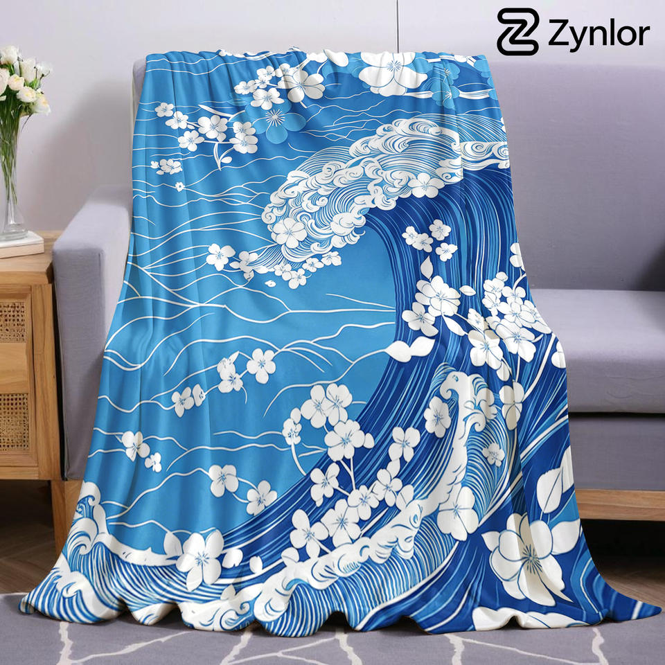 Blue Ocean Cherry Blossom Lightweight Microfiber Soft Christmas Fleece Blanket Warm Cozy Throw for Bed Office Travel All Season