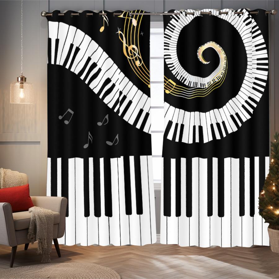 2PCS Piano Keys Music Theme Digital Printing Living Room Bedroom, Study Room, Matte Cloth Polyester, High Shading, Curtain Set