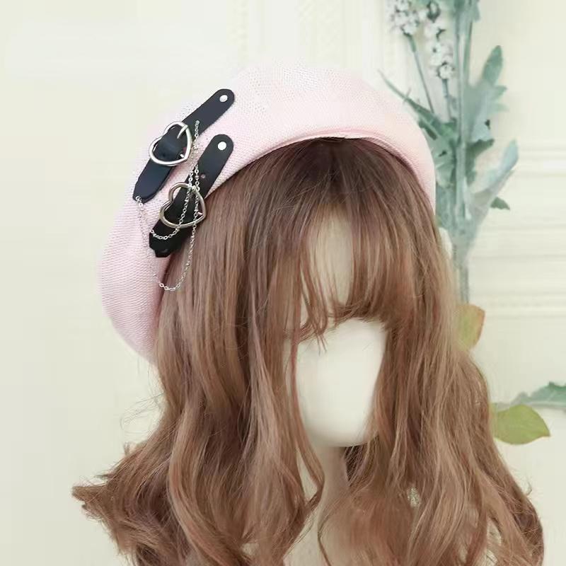 Японский берет Harajuku Y2K, модная шляпа Лолиты, шляпа JK, берет для девочек, милый берет из искусственной кожи с цепочкой в виде сердца, шерсть, Kawaii, женская шляпа, аксессуары