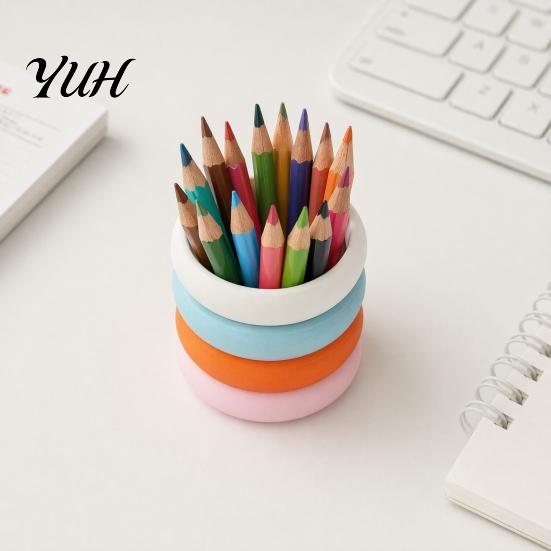 Stacked Ring Pen Cup Rainbow Donut Holder, 3D Printed Desk Organizer, Cute Girly Accessories Pencil for Makeup Brushes, Classroom Office Decor