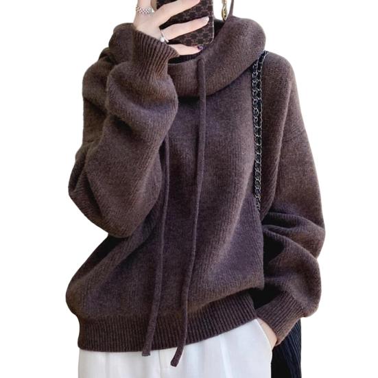 Women Sweater Pile Collar Drawstring Hooded Long Sleeve Knitting Tops Solid Color Casual Loose Fit Knitwear