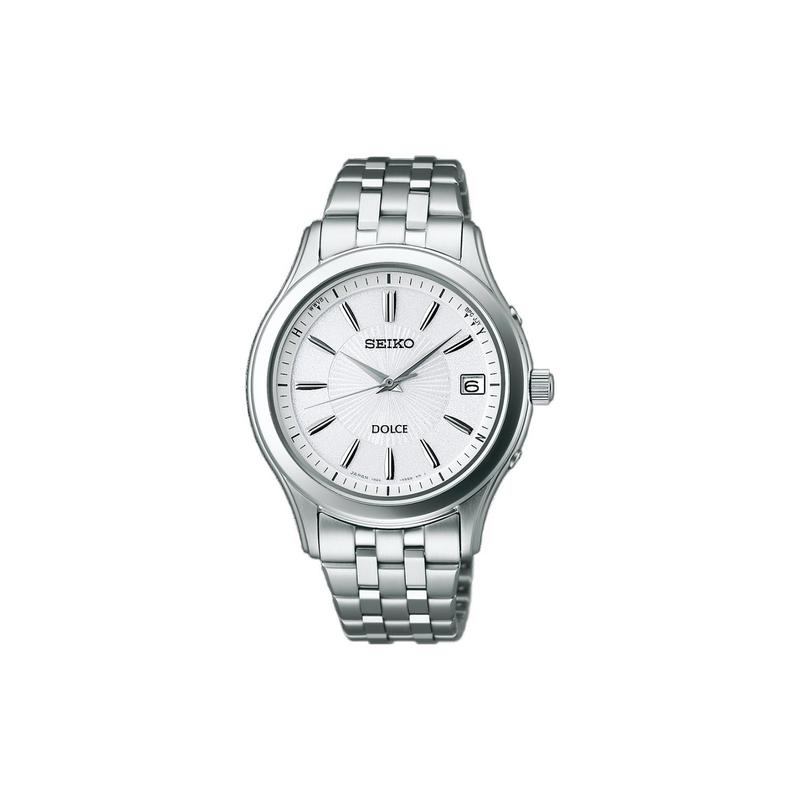 Seiko Мужские часы серии DOLCE с индикатором даты, стальной ремешок, кварцевый механизм на солнечной батарее, стальной ремешок, белый циферблат, SADZ123