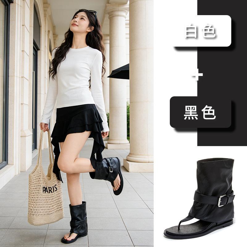 Mezzanine retro Hong Kong style cool boots summer new one-word sandals versatile flat sandals beach women's shoes tide