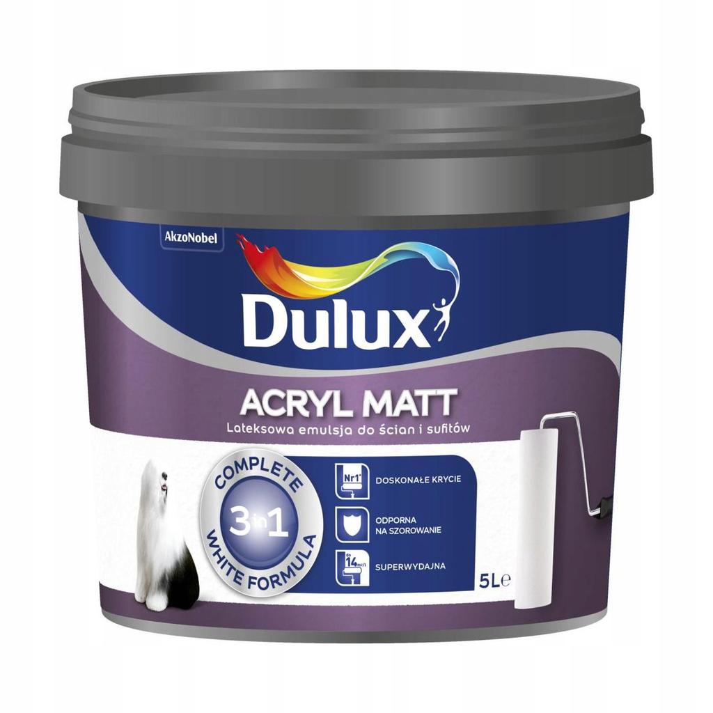 Dulux Acryl Matt Farba Lateksowa Ścienna Sufitowa Śnieżnobiały Mat 5L
