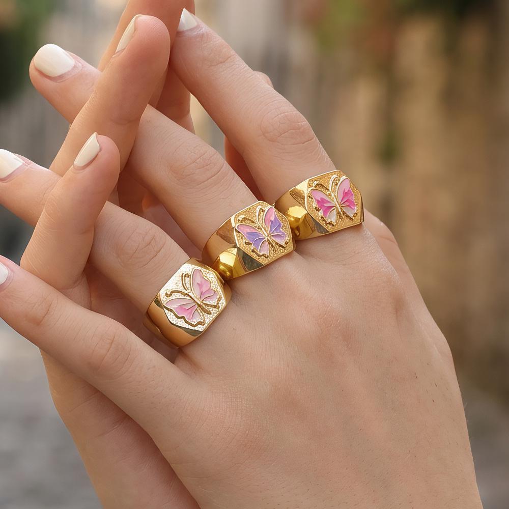Copper-Plated 18K Gold Enamel Butterfly Adjustable Wide Band Ring for Women