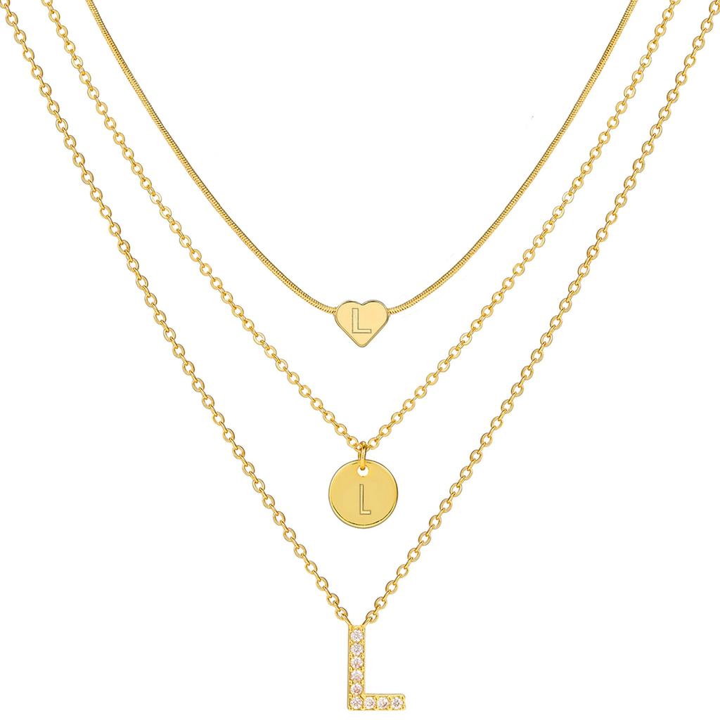 17KM 3 Pcs Plated Heart Initial Necklace Sets for Women Fashion Multilayer Letter Choker Necklaces Copper Metal Jewelry Gift