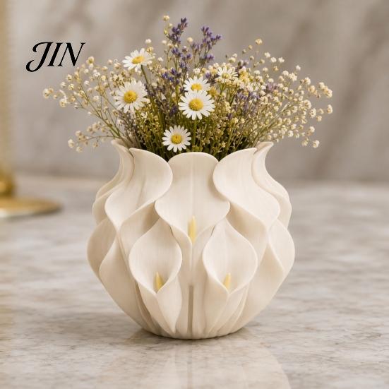 Preserved Flower Container 3D Printed Calla Lily Relief Vase, Mini Decorative Vase for Dried Flowers, Minimalist Matte Soft Texture White Desk