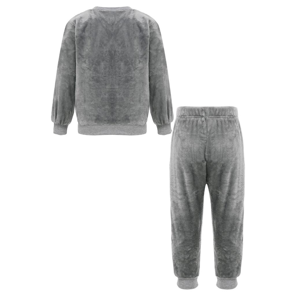 Unisex Kids Flannel Long Sleeve Round Neck Cat Dinosaur Print Pajamas Set Loungewear Homewear