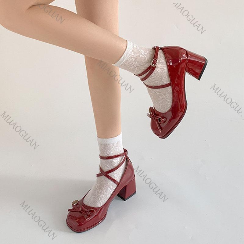 Модные женские туфли-лодочки на толстом высоком каблуке, красные туфли Мэри Джейн, женские туфли Лолита с квадратным носком, весенне-осенние новинки для вечеринок, кожаные женские лоферы