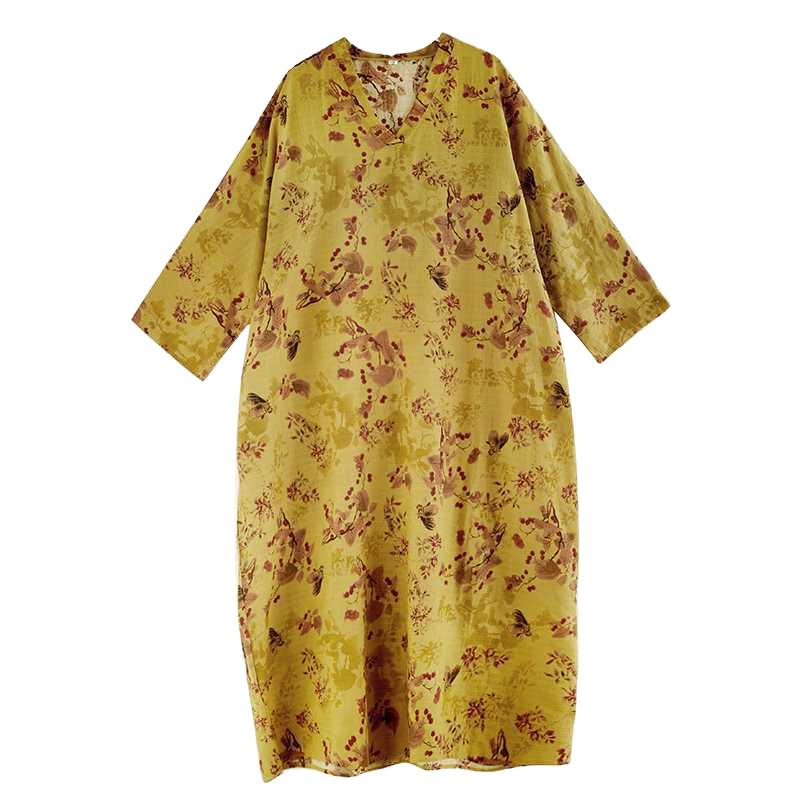 Красочное платье с V-образным вырезом в стиле ретро, длинная юбка, хлопок-лен