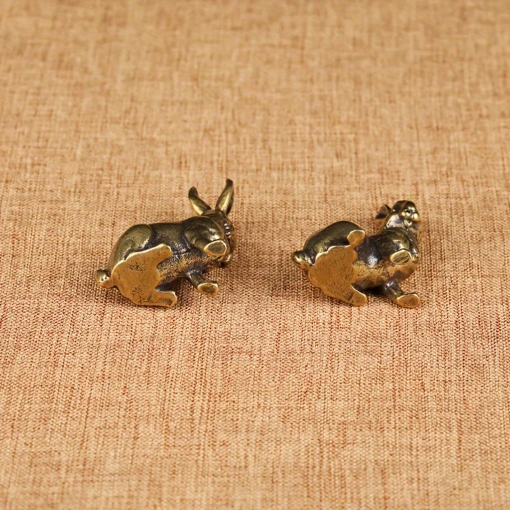 Pair of Antique Copper Zodiac Rabbit Tea Pets - Handcrafted Solid Brass Rabbits for Feng Shui & Home Decor, Vintage Tabletop Ornaments & Lucky Charms,