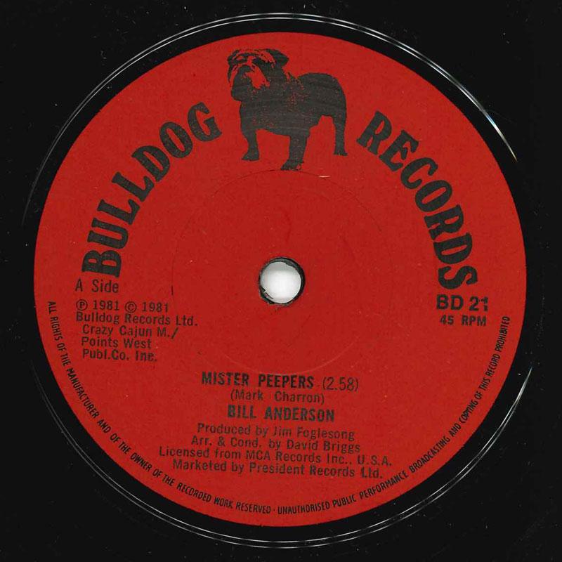 7-дюймовая пластинка BILL ANDERSON - Mister Peepers BD21 Bulldog Records 1981 UK Folk Б/у