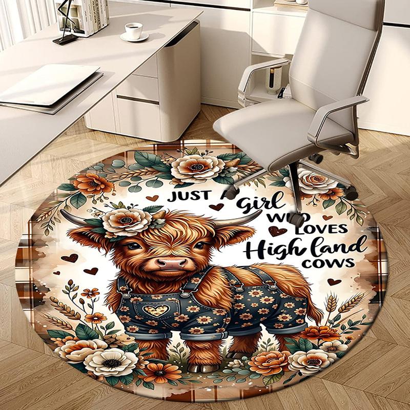 1PC Highland Cows Non-Slip Floor Round carpet, Office, family, bedroom, Large Area Rug Indoor Rugs, Durable PolyesterH0341
