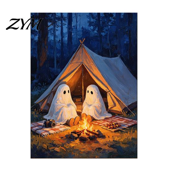 Spooky Home Wall Decoration Vintage Cute Ghost Canvas Art, 2 Ghosts Campfire Art for Living Rooms Hanging Poster, Gothic Halloween Bedroom Room