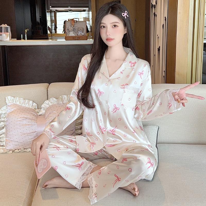 Japanese and Korean style floral bear girl pajamas spring and autumn silky ice silk loungewear cartoon long-sleeved two-piece set