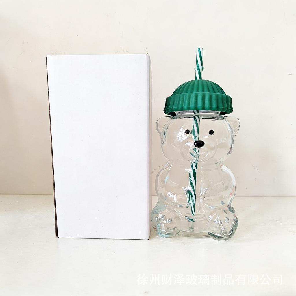 Cartoon Bear Glass Bottle with Straw 20oz Beverage Milk Bottle for Iced Coffee Heat Resistant Limited Edition Glass Bear Mug
