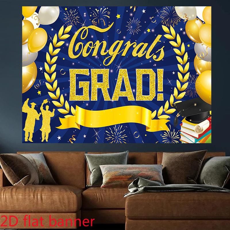 2D Plane A navy blue 2D plane banner with gold accents celebrating the graduates of 2026