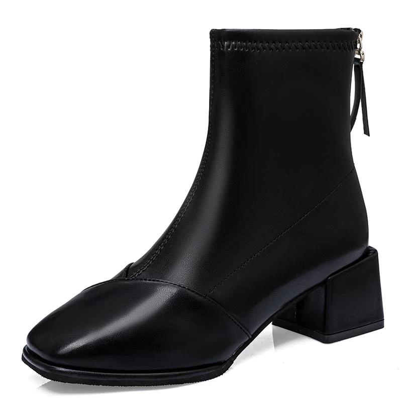 Зимние женские сапоги 2024 года, модные, высокого качества, с квадратным носком, однотонные, короткие, на толстом каблуке, на молнии, женские модные сапоги