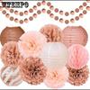13pcs Rose Golden Party Decorations Tissue Pom Poms Paper Lanterns Honeycomb Ball Paper Circle Dots Garlands Hanging Party Supply Set for Wedding