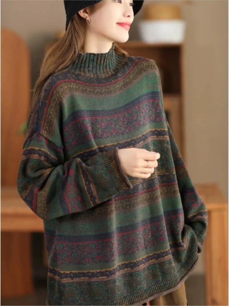 Johnature Women Pullover Vintage Sweaters Mock Neck Long Sleeve Spring Knitted Cotton Women Casual Soft Sweaters