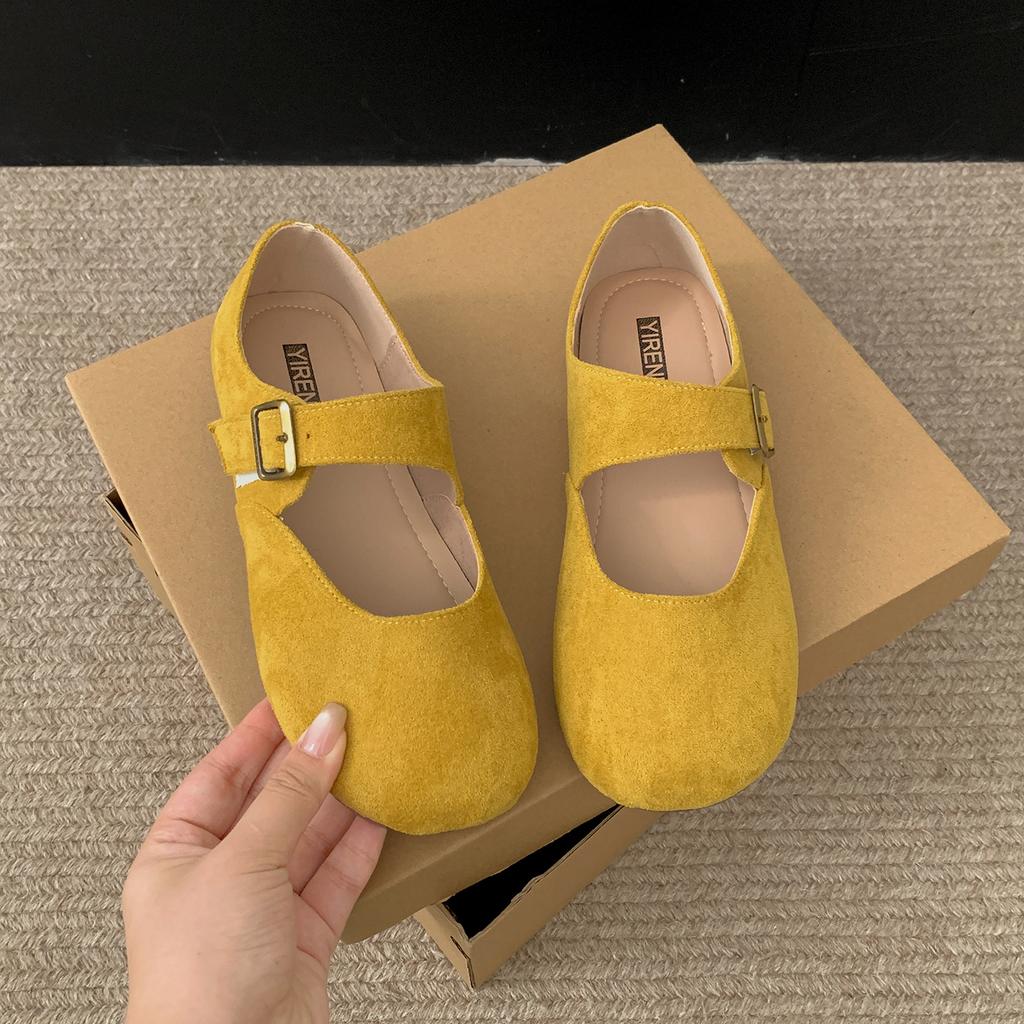 Yellow with Skirt French Flat-bottomed Shallow-mouth Single Shoes Women's 2025 New Autumn Retro Versatile Soft-soled Mary Jane Shoes