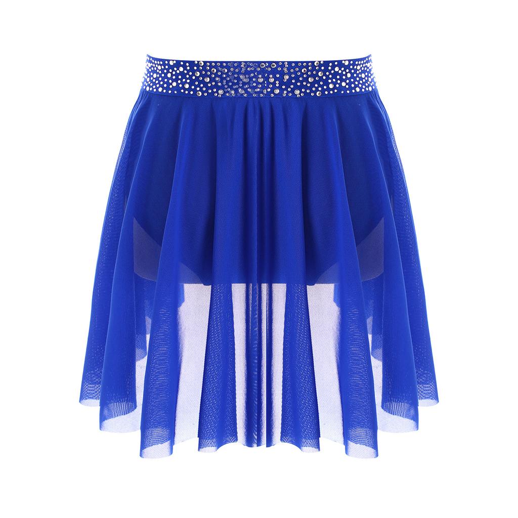 Girls Ruched Irregular Dance Skirt Sparkly Rhinestones Elastic Waistband Built-in Briefs Skirt
