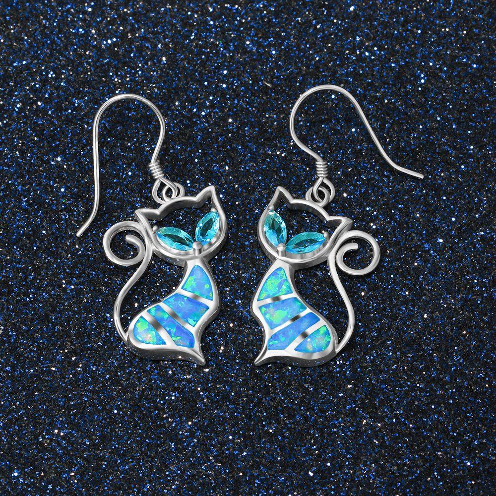 Trendy Fashion Women Jewelry Chain Cat Pendant Earrings Opal Necklace