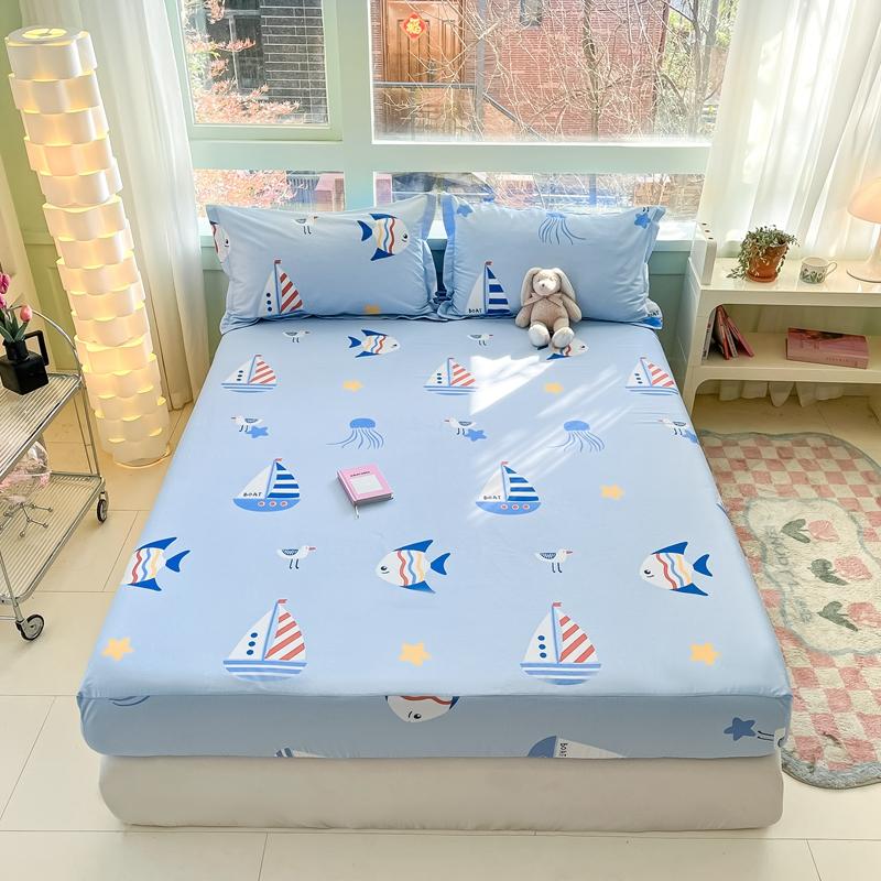 Cartoon Style Ocean Fish Pattern Fitted Sheet Set Sailboat Print 100% Cotton Mattress Protector for Kids Boys Girls Bedding Set