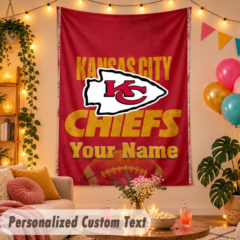 Kansas City Chiefs Personalized Wall Tapestry Custom Name Text Polyester Hanging Decor Home Room