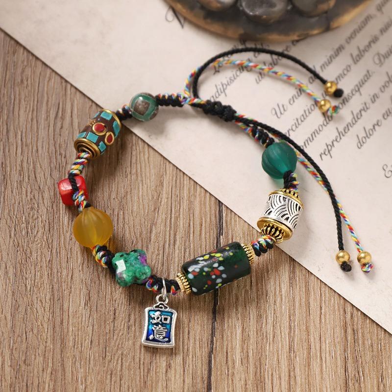 Винтажный плетеный браслет с тибетской бусиной дзи, нишевый дизайн, мужской и женский шнурок для руки, аксессуары