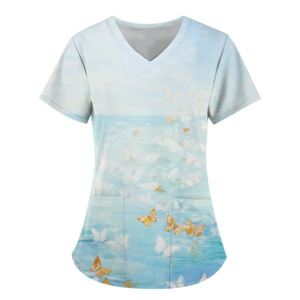 Women's T-shirt V-neck Nurse Uniform Commuting Comfortable Short Sleeved Butterfly Printed T-shirt for Women