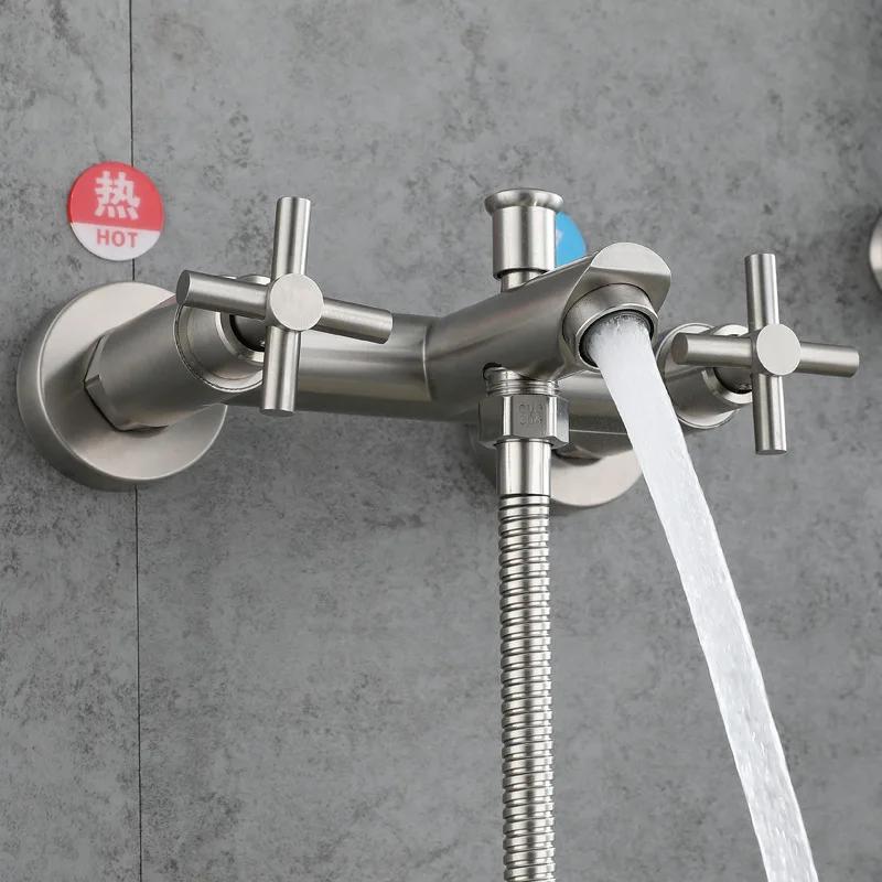 Bathroom Shower Faucet Stainless Steel Triple Bathtub Faucet Double Cross Handle Dual Control Hot Cold Mixer Valve Nozzle Tap