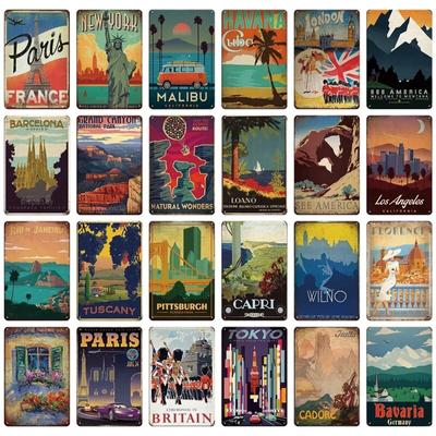 Оловянная вывеска Пейзаж Париж Гавана Токио Сидней Малибу Лос-Анджелес Чикаго Город Металлическая винтажная табличка Ретро Декоративная тарелка Декор