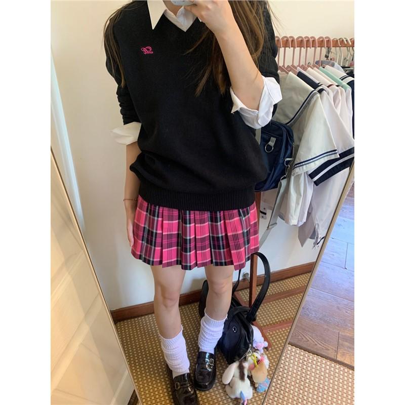 Черный свитер с длинными рукавами и V-образным вырезом с вышивкой от Jizhong College - свитер для школьной формы на осень/зиму