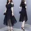 2025 Women's Summer Black Slim Midi Dress with Short Sleeves and Irregular Hem