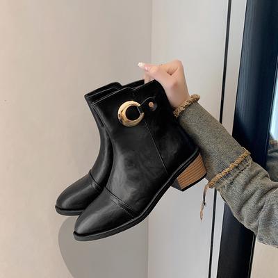 Панельные ботильоны Весна и Осень Новые Острый носок Боковая молния Металлическая пряжка Мягкая подошва Нескользящие Туфли на блочном каблуке