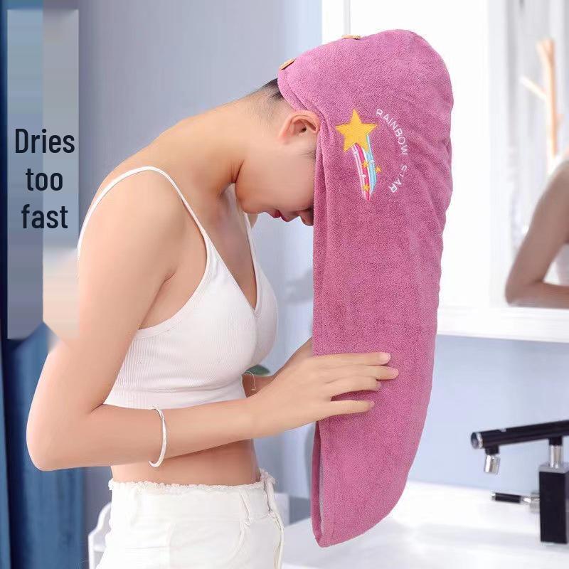 Cartoon Embroidery Coral Fleece Absorbent Dry Hair Cap for Women