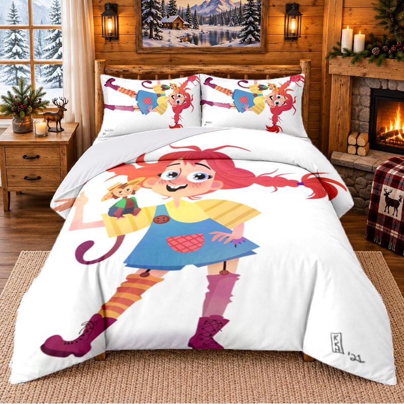 Pippi Longstocking Pattern Bedding 3Pcs Set Bed Sheet And Pillowcases For Indoor Bedroom