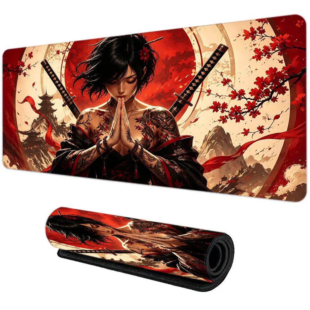 Japanese Samurai Girl Mouse Pad Large Computer Office Game Table Mat Rubber Antislip Stitched Keyboard Mats 90x40 Xxl Desk Pads