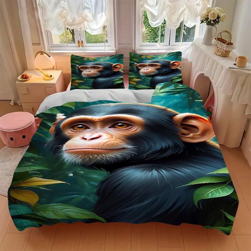3pcs Chimpanzee, Jungle Bedding Set - 1 Duvet Cover + 2 Pillowcases(Core Not Included), Machine Washable Polyester yy251216147