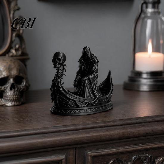Faceless Grim Reaper Statue 3D Printed Gothic Skull Boat Figurine, Small Desktop Ornament Halloween Decoration for Party Decoration, Dark Horror Theme