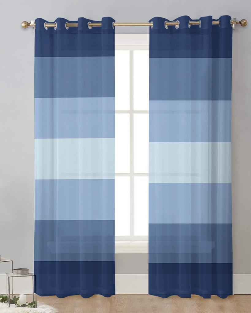 Navy Blue Gradient Stripe Sheer Curtains for Living Room Decoration Window Curtains for Kitchen Tulle Voile Organza Curtains