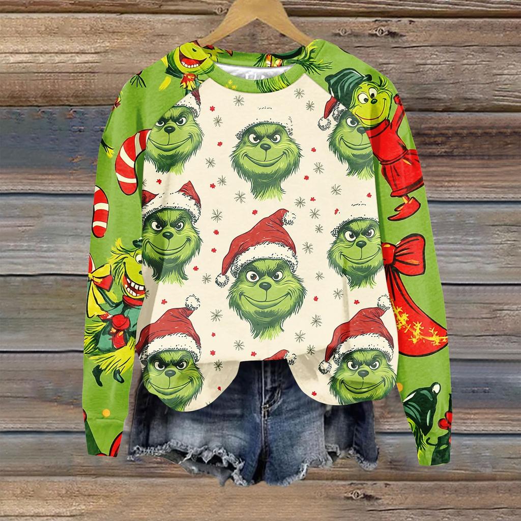Women's Fashion Casual Long Sleeve Christmas Print Raglan Round Neck Sweatshirt Top