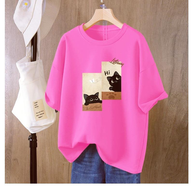 Pure Cotton Cat Printed Short-sleeved T-shirt for Women In Summer New Loose Large-size Half-sleeved Top