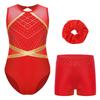 Girls Complete Dance Set Sleeveless Leotard Keyhole Back Patchwork Style Rhinestone Waistband Performance Outfit