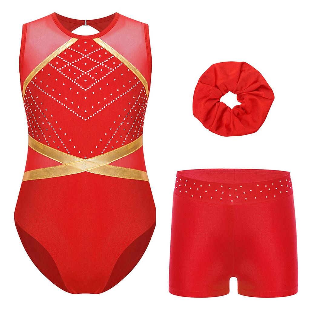 Girls Complete Dance Set Sleeveless Leotard Keyhole Back Patchwork Style Rhinestone Waistband Performance Outfit