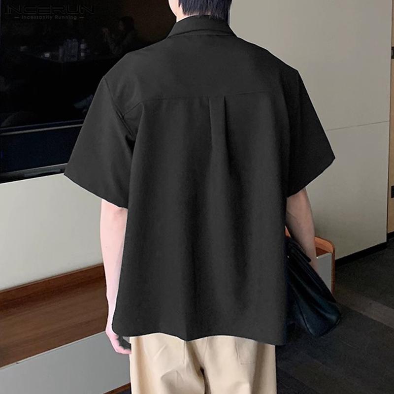 INCERUN Большие мужские рубашки с завязками на шее и коротким рукавом, однотонные, повседневные, с высоким и низким вырезом