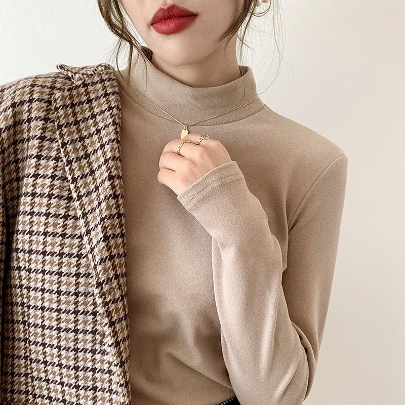 Женская рубашка из немецкого бархата с воротником-получерепахой, универсальная, на осень и зиму, с длинными рукавами, облегающий белый бархатный топ из белого бархата