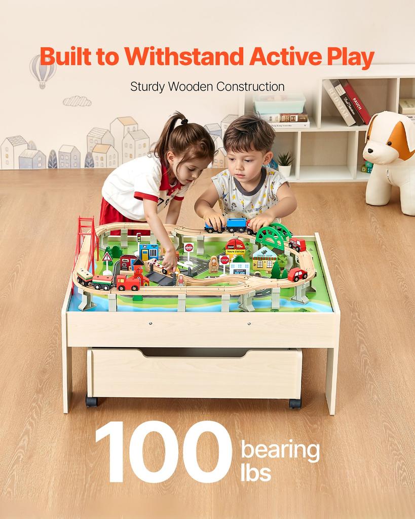 VEVOR Train Table, 100 Multicolor Pieces Wooden Kids Activity Table with Rolling Storage Drawer, 3-in-1 Wooden Train Set for Gaming, Drawing, Reading